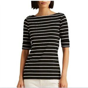 Lauren Ralph Lauren Stripe Stretch Boat Neck Short Sleeve Shirt